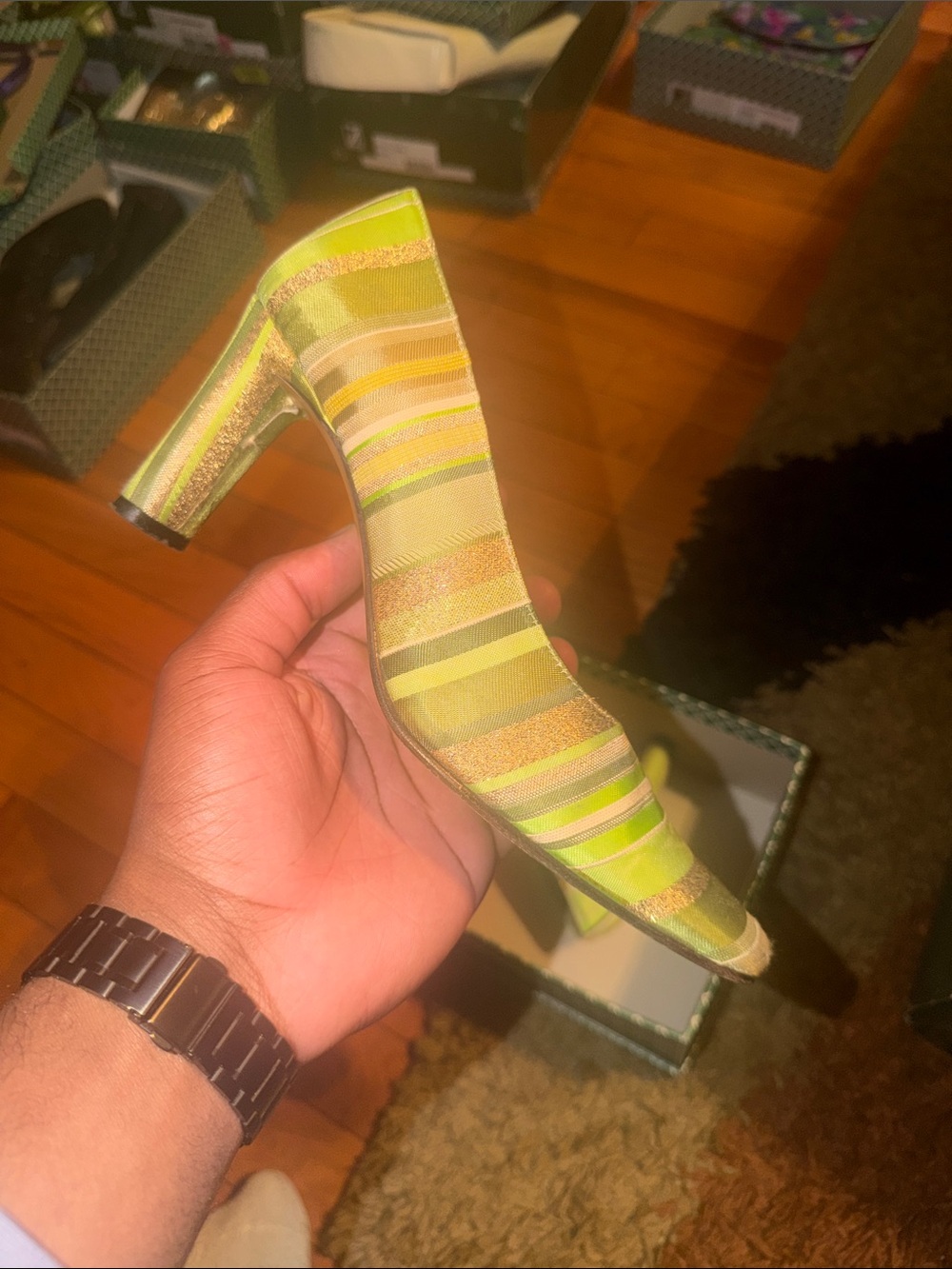 J.Renee Lime Green Striped Block Heel Pumps
